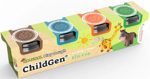 ChildGen Naturalna ciastolina w eko-kubkach - ZESTAW 4 kolorów: brązowy, niebieski, pomarańczowy, zielony