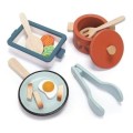 Zestaw drewnianych naczyń, Zabawa w kuchnie, drewniane naczynia oraz żywność, zabawa w gotowanie, zabawkowe akcesoria kuchenne, Tender leaf Toys, zabawki dla dziecka
