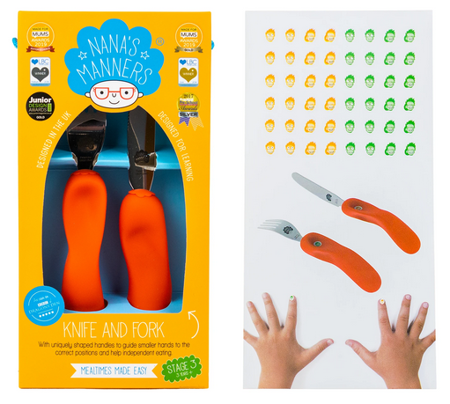 Sztućce dziecięce - ETAP 3 Nóż i widelec ORANGE - sztućce kształtujące chwyt - Nana's Manners
