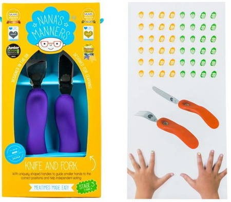 Sztućce dziecięce - ETAP 3 Nóż i widelec PURPLE - sztućce kształtujące chwyt - Nana's Manners