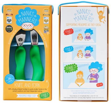 Sztućce dziecięce - ETAP 3 Nóż i widelec GREEN - sztućce kształtujące chwyt - Nana's Manners